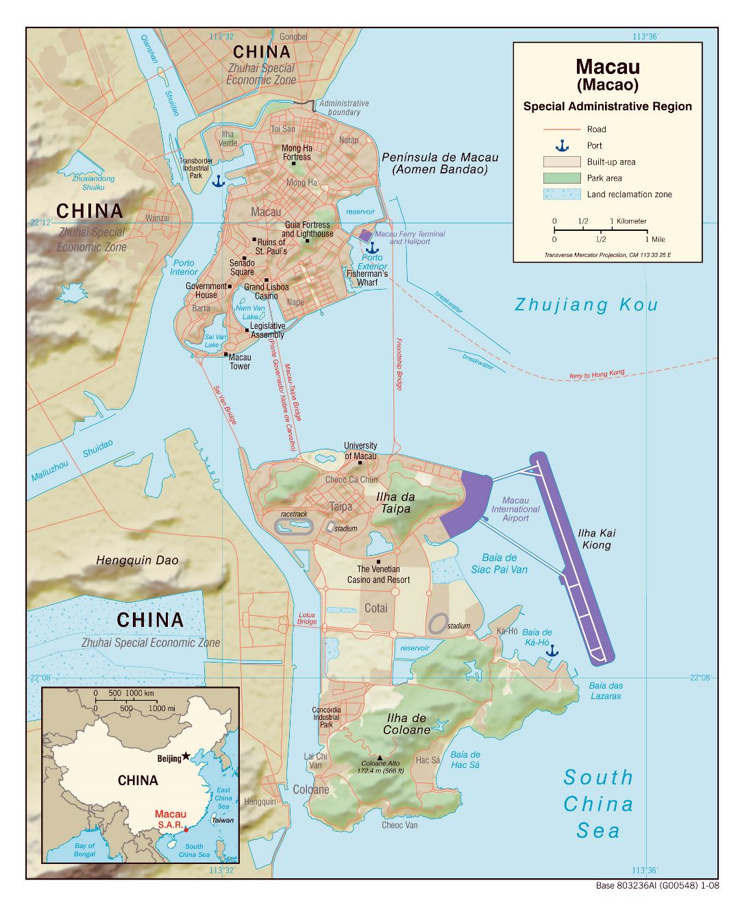 Grande mapa político de Macao con relieve, carreteras, puertos y otras marcas - 2008