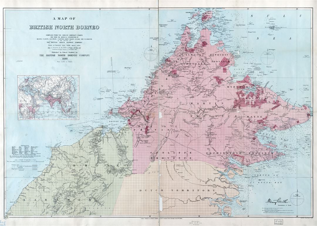 A gran escala detallado mapa antiguo de Borneo Norte Británico - 1899