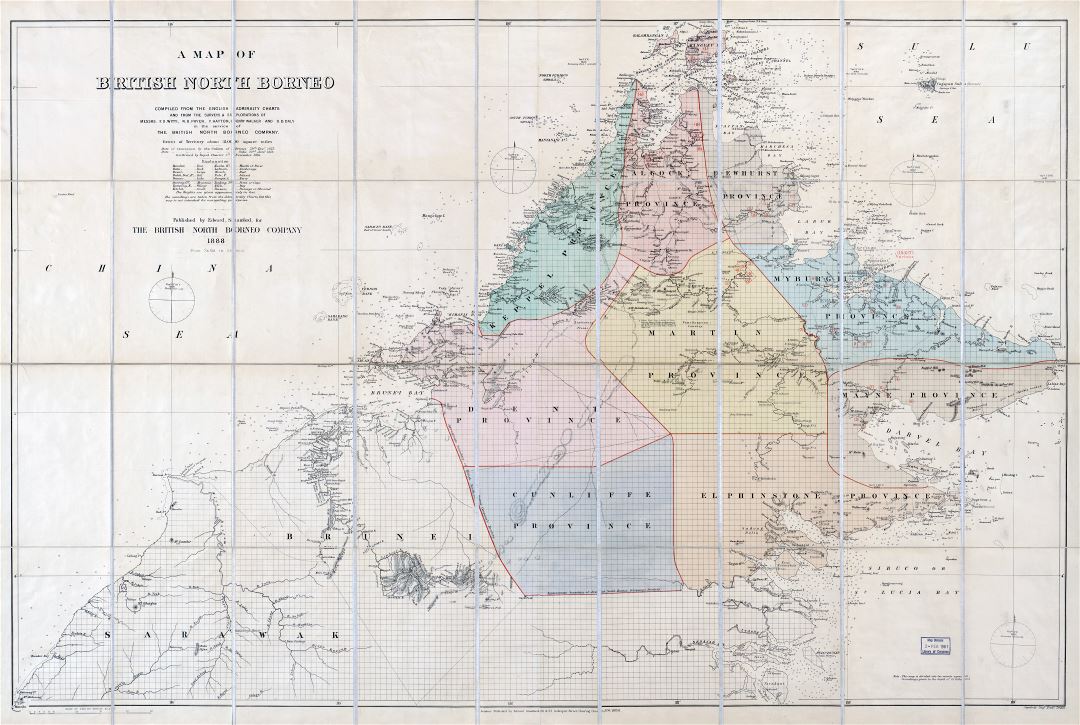 A gran escala detallado mapa antiguo del Norte Británico de Borneo - 1888