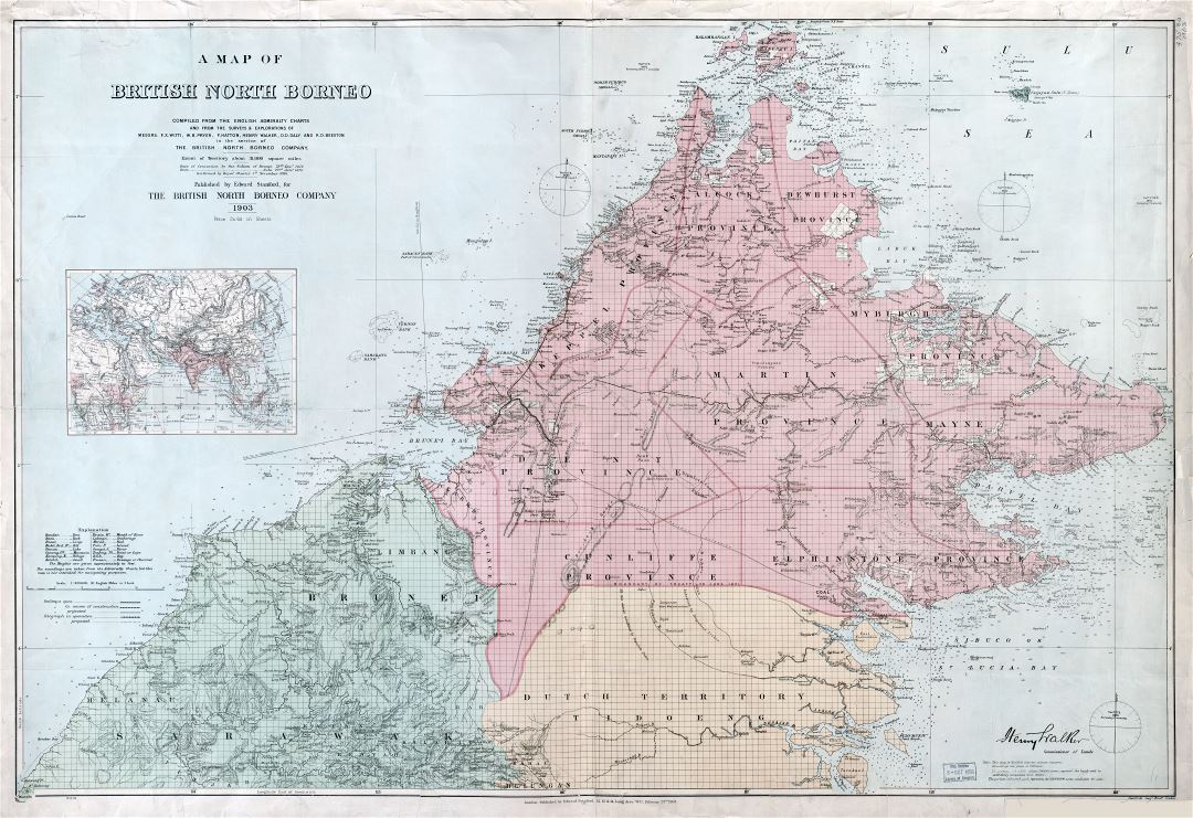 A gran escala detallado mapa antiguo del Norte Británico de Borneo - 1903