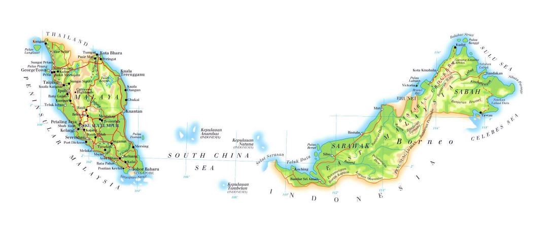 Detallado mapa de elevación de Malasia con carreteras, ciudades y aeropuertos