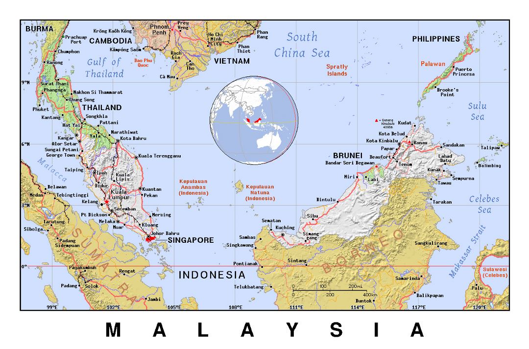 Detallado mapa político de Malasia con alivio