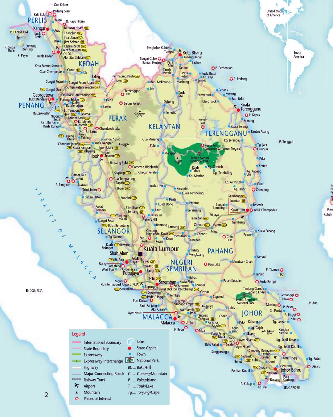 Detallado mapa turístico del oeste de Malasia con carreteras, ciudades y aeropuertos