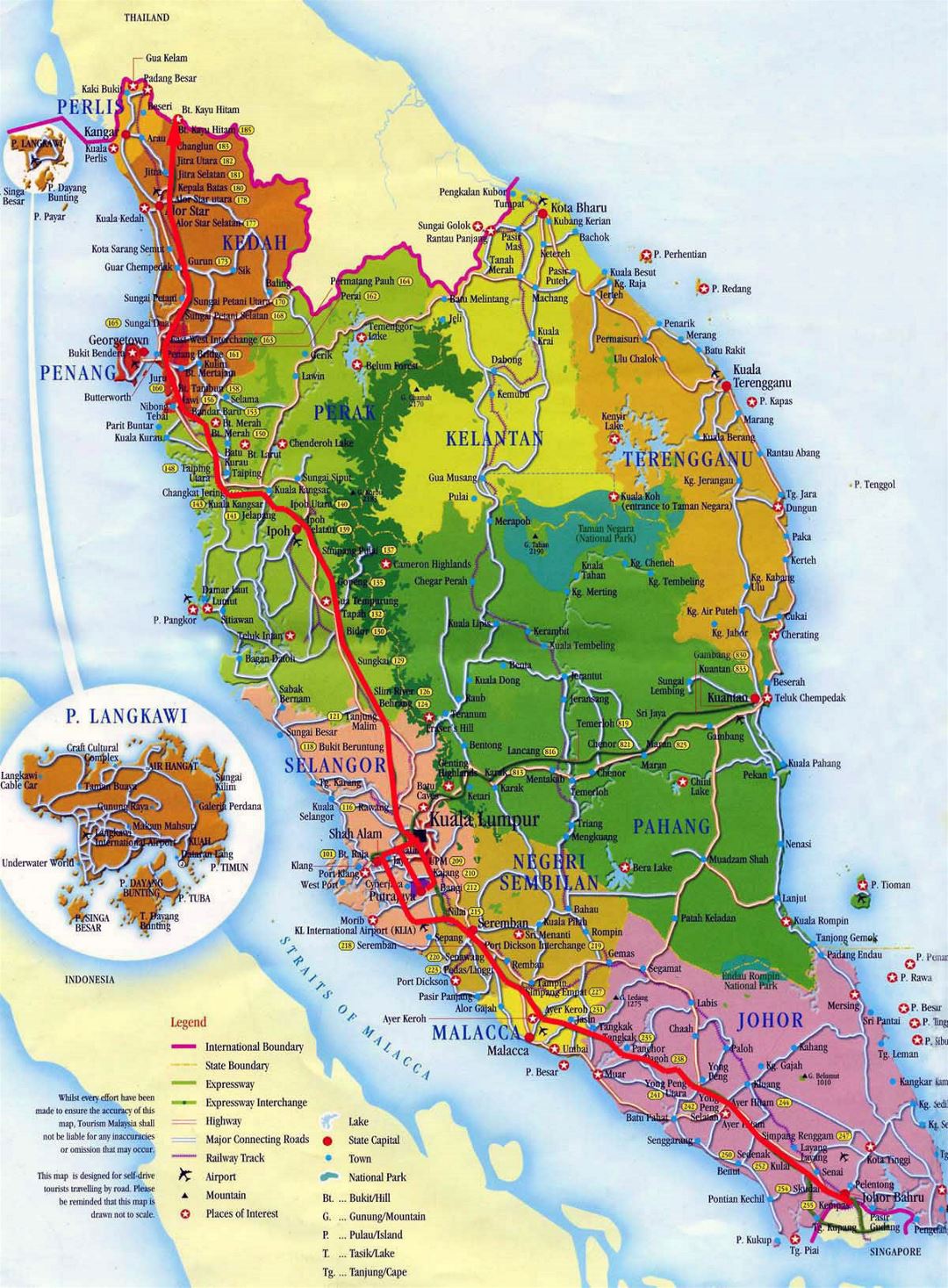 Detallado mapa turístico y administrativo de Malasia occidental con carreteras, ciudades y aeropuertos