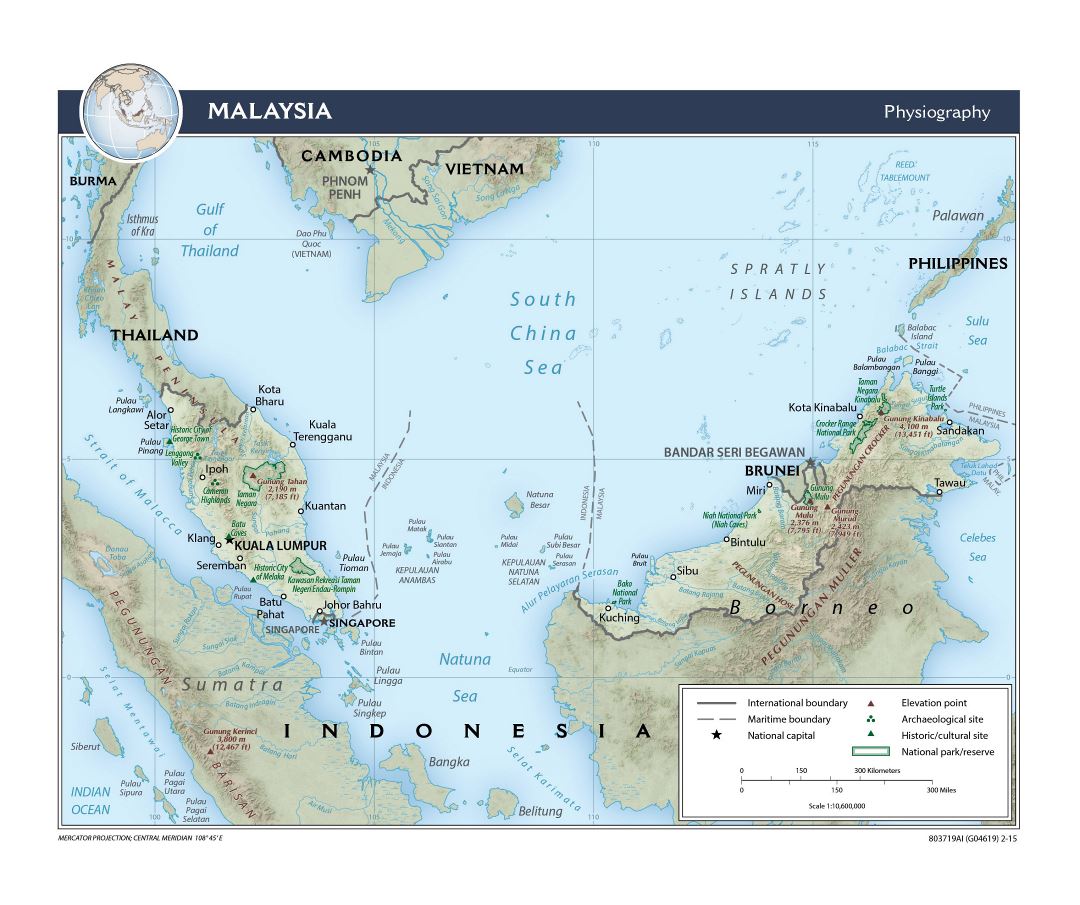 Grande detallado mapa de fisiografía de Malasia - 2015
