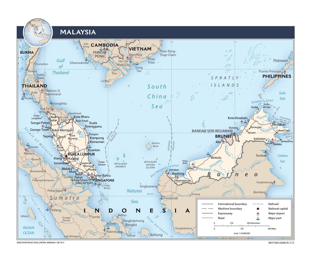 Grande detallado mapa político de Malasia con carreteras, ferrocarriles, principales ciudades, puertos y aeropuertos - 2015