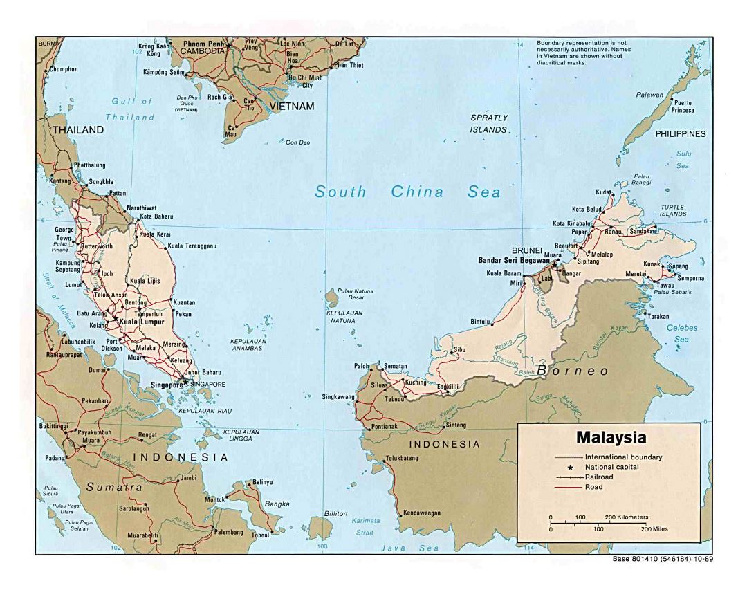 Grande detallado mapa político de Malasia con carreteras, ferrocarriles y ciudades - 1989