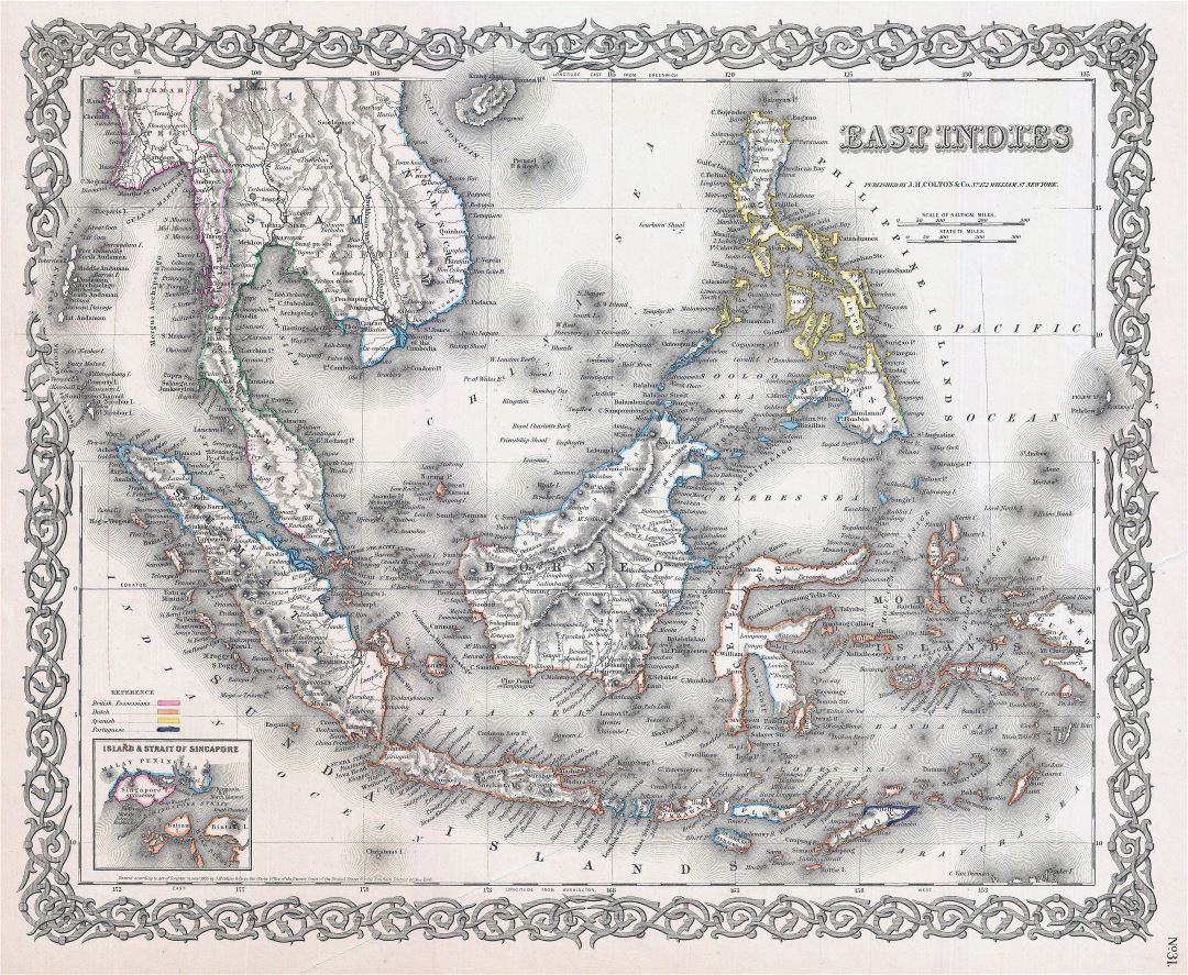 Grande mapa antiguo de las Indias Orientales (Singapur, Tailandia, Borneo y Malasia) - 1855