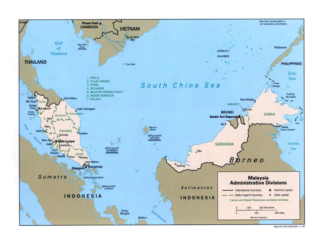 Grande mapa de administrativas divisiones de Malasia - 1998