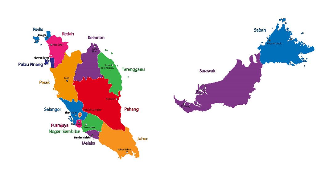 Grande mapa de estados de Malasia