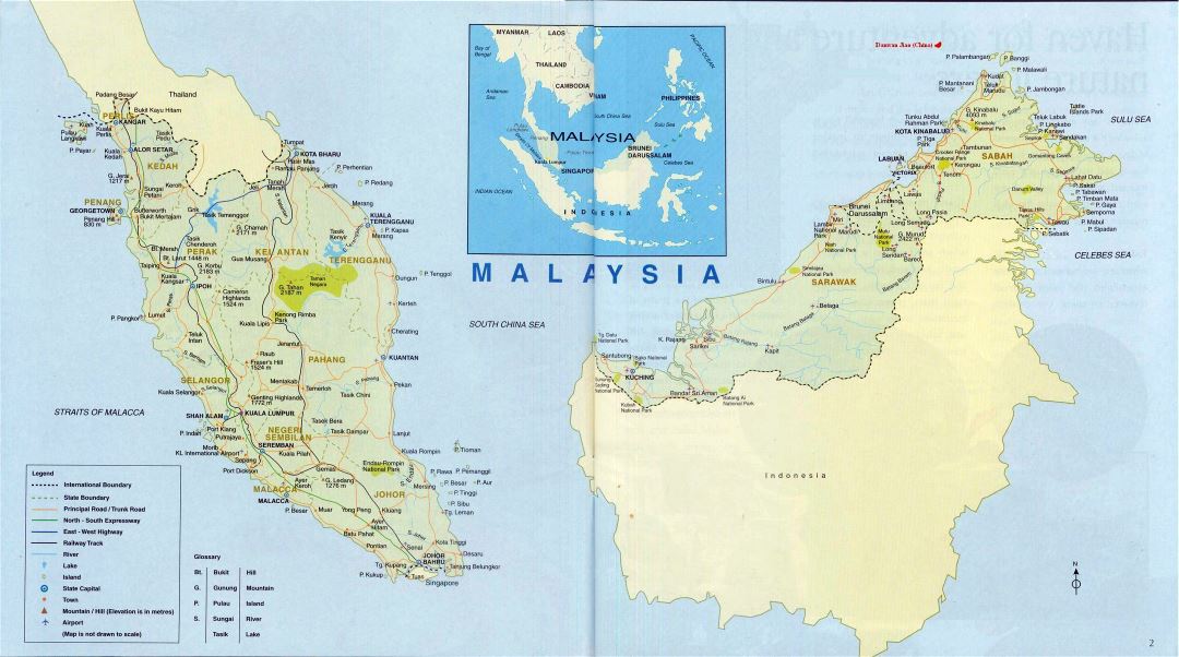 Grande mapa de Malasia con carreteras, ferrocarriles, ciudades, aeropuertos y otras marcas