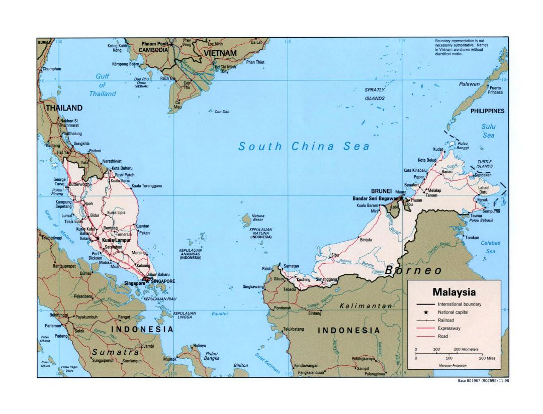 Grande mapa político de Malasia con carreteras, ferrocarriles y principales ciudades - 1998