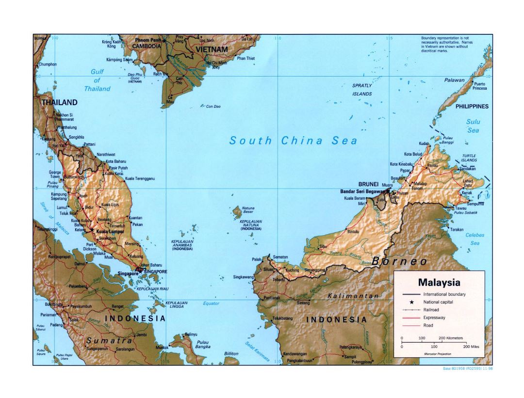 Grande mapa político de Malasia con relieve, carreteras, ferrocarriles y principales ciudades - 1998