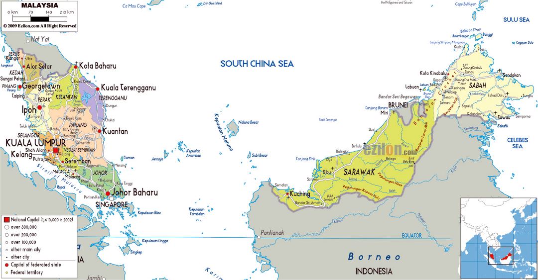 Grande mapa político y administrativo de Malasia con carreteras, ciudades y aeropuertos