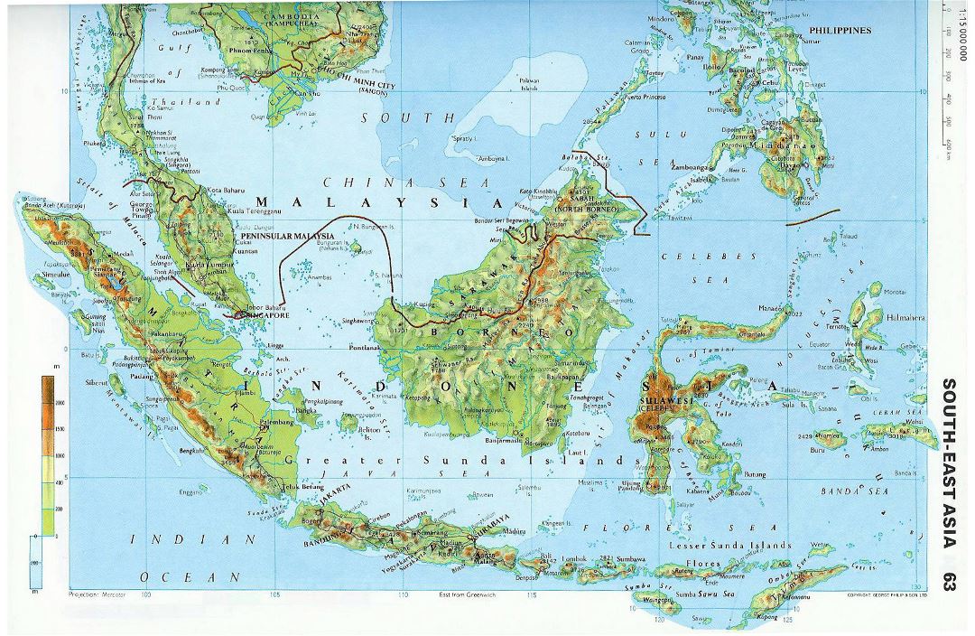 Grande mapa topográfico de Malasia