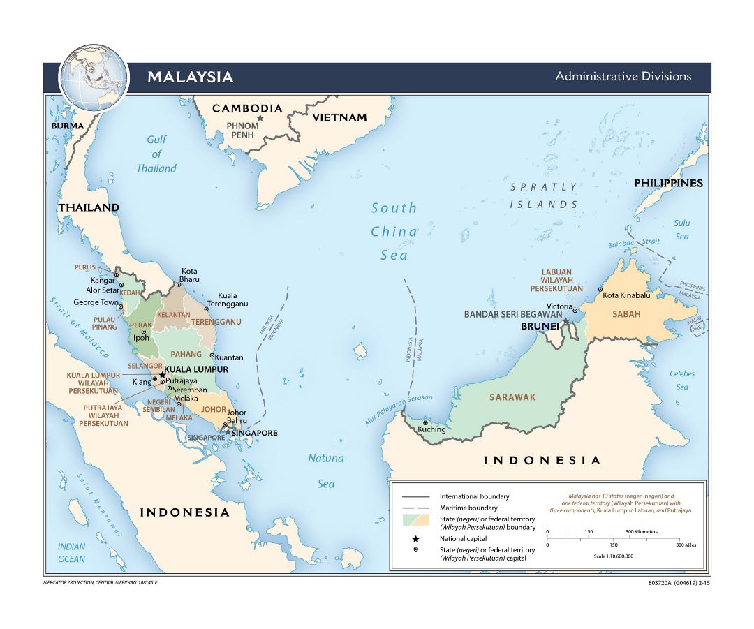 Grandes detallado mapa de administrativas divisiones de Malasia - 2015