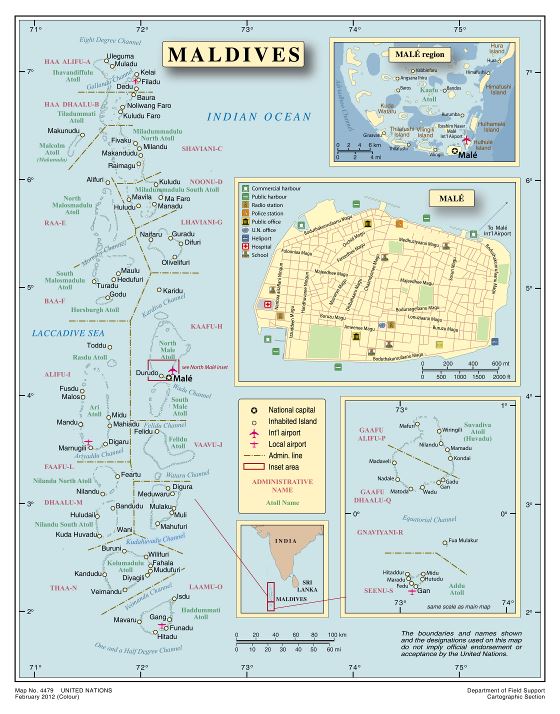 A gran escala mapa político y administrativo de Maldivas con ciudades y aeropuertos