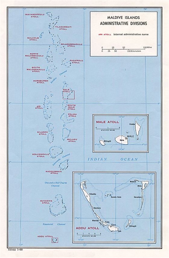 Detallado mapa de administrativas divisiones de Maldivas - 1968
