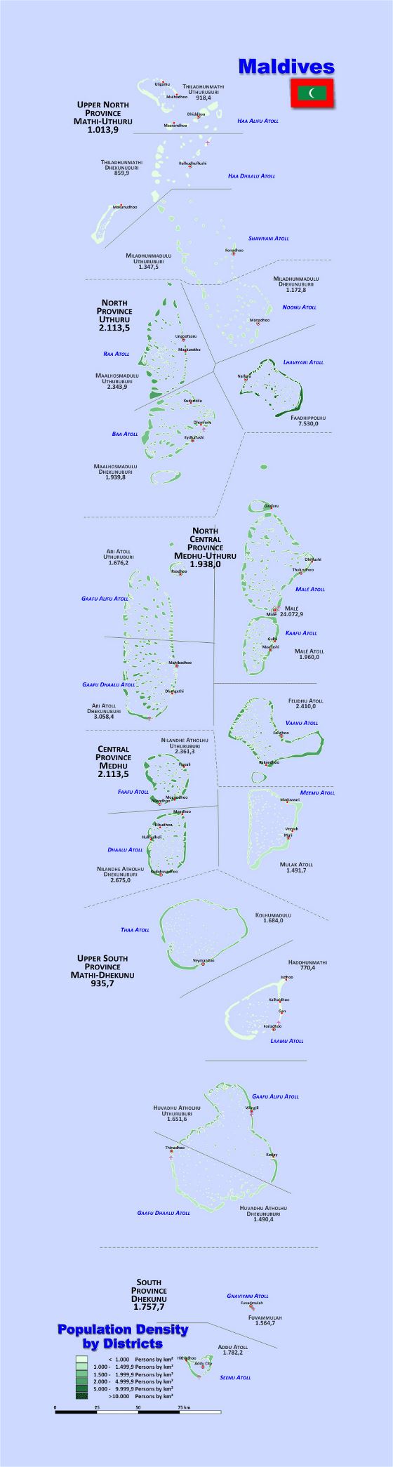 Detallado mapa de densidad de población por distritos de Maldivas