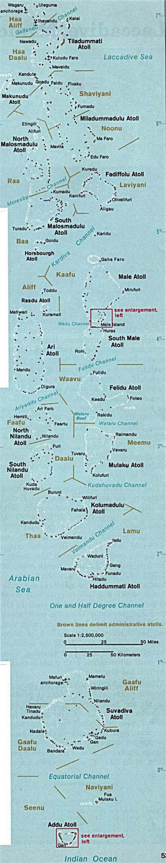 Detallado mapa de Maldivas - 1976