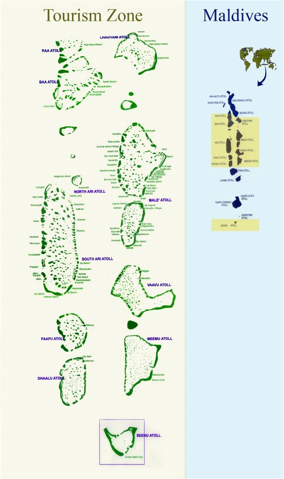 Detallado mapa de zona turística de Maldivas