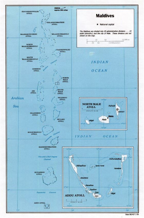 Detallado mapa político de Maldivas - 1999