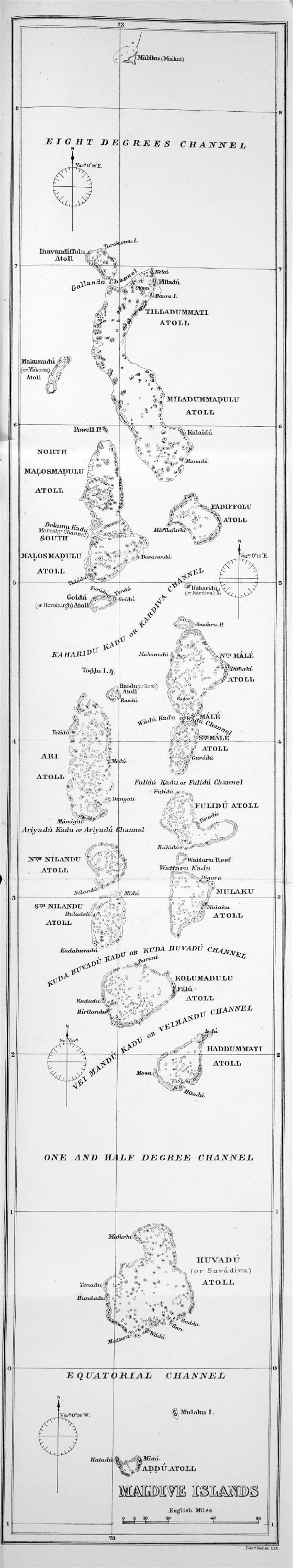 Grande detallado mapa antiguo de Maldivas
