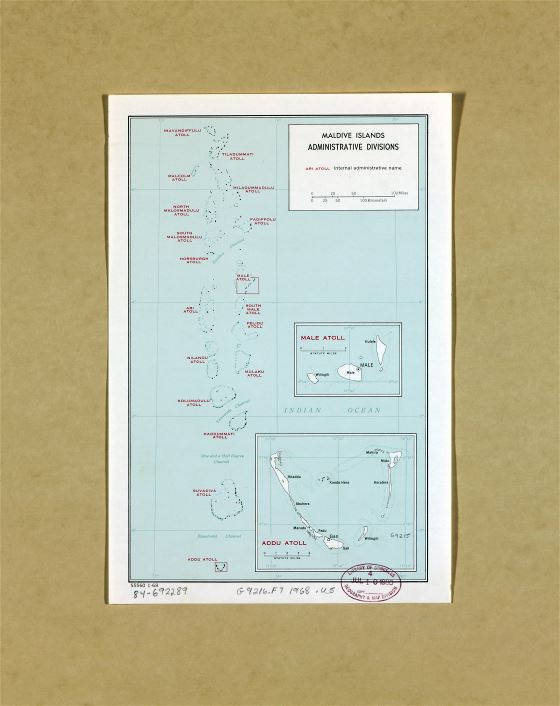 Grande detallado mapa de administrativas divisiones de Maldivas - 1968