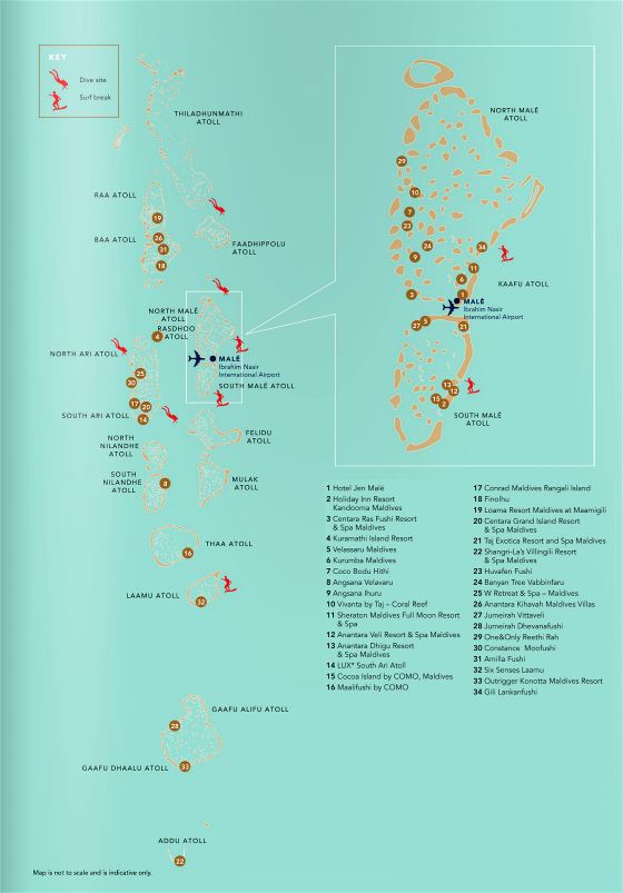 Grande detallado mapa de buceo de Maldivas