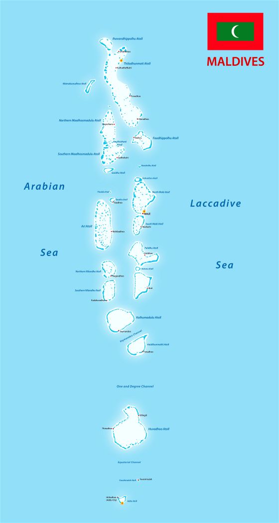 Grande detallado mapa de Maldivas con bandera, ciudades y aeropuertos