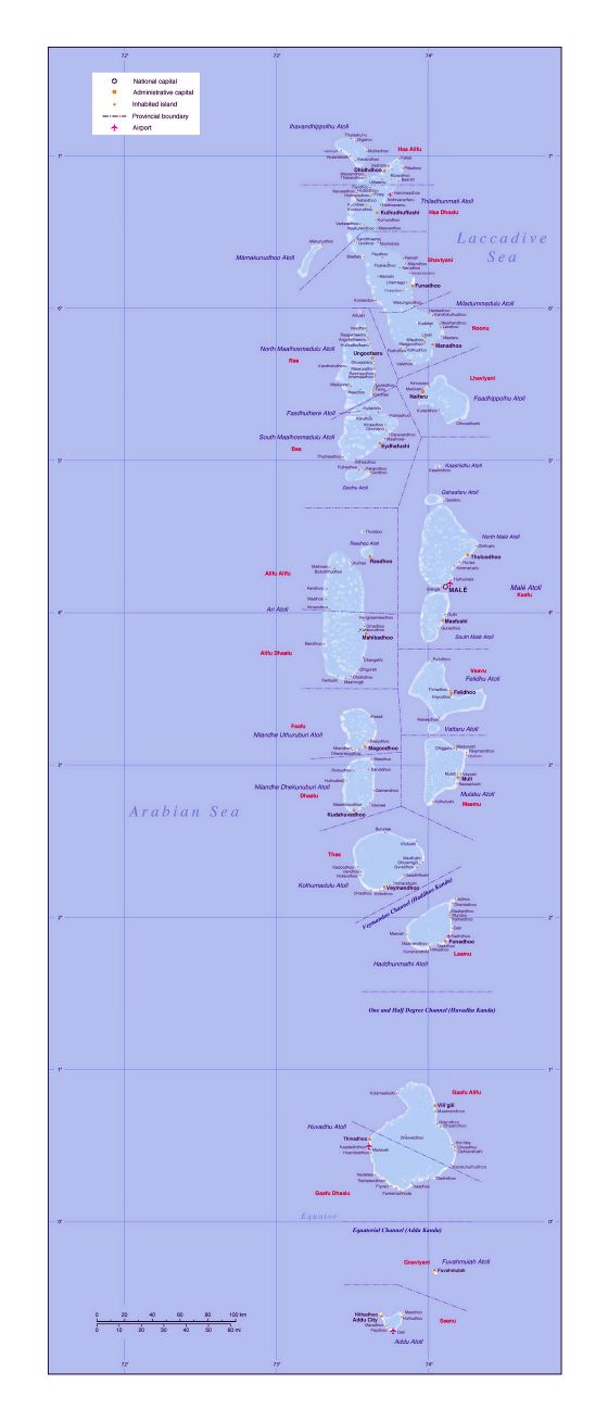 Grande detallado mapa político y administrativo de Maldivas con ciudades y aeropuertos