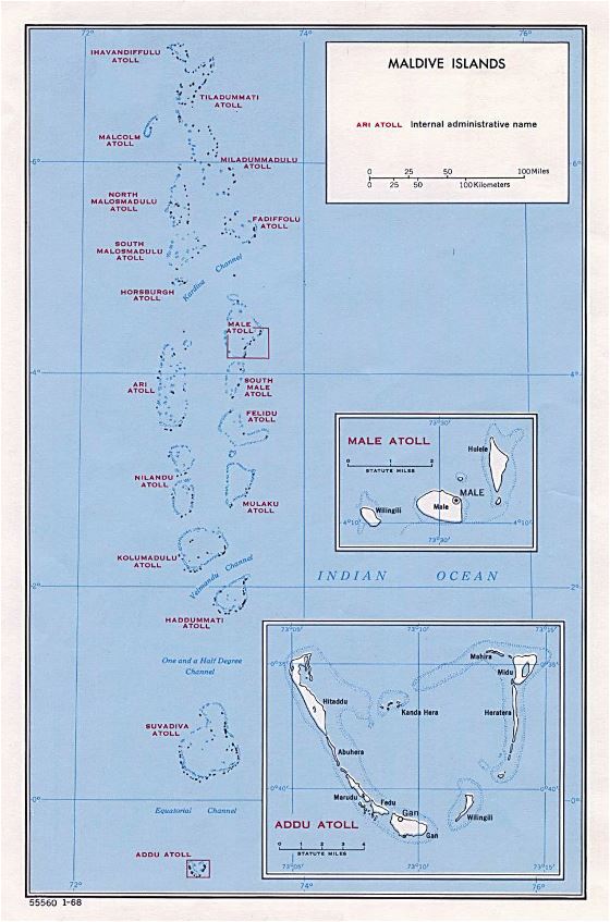 Grande mapa administrativo de Maldivas - 1968