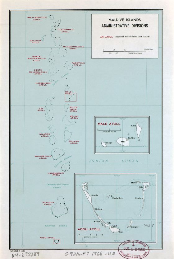 Grande mapa de administrativas divisiones de Maldivas - 1968