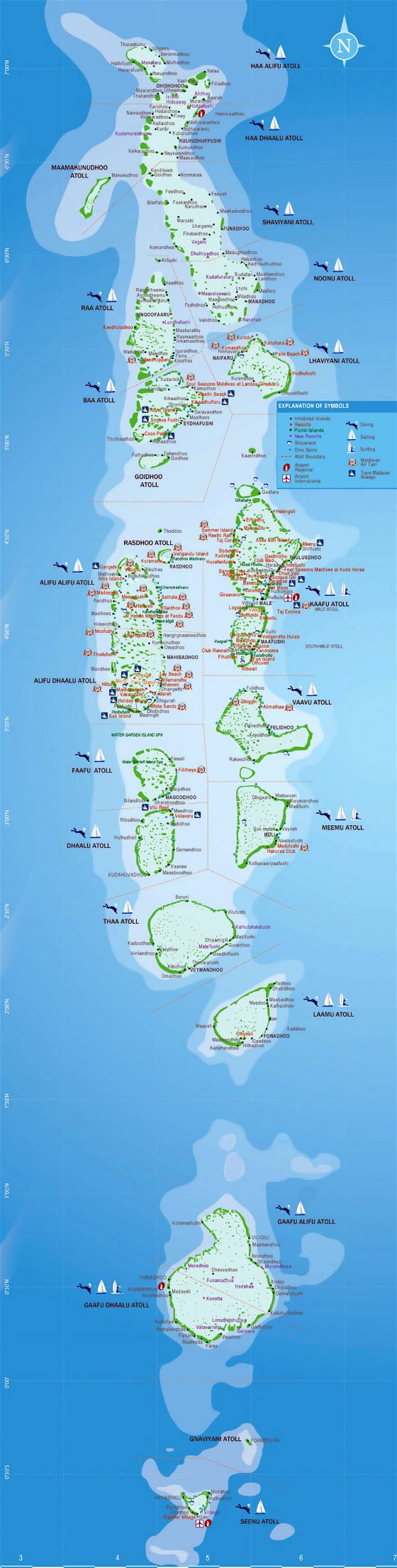 Grande mapa de Maldivas con atolones, complejos turísticos y detalles de actividades