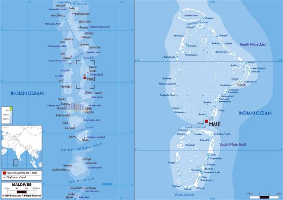 Grande mapa físico de Maldivas con aeropuertos