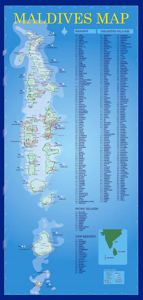 Mapa de centros turísticos de Maldivas