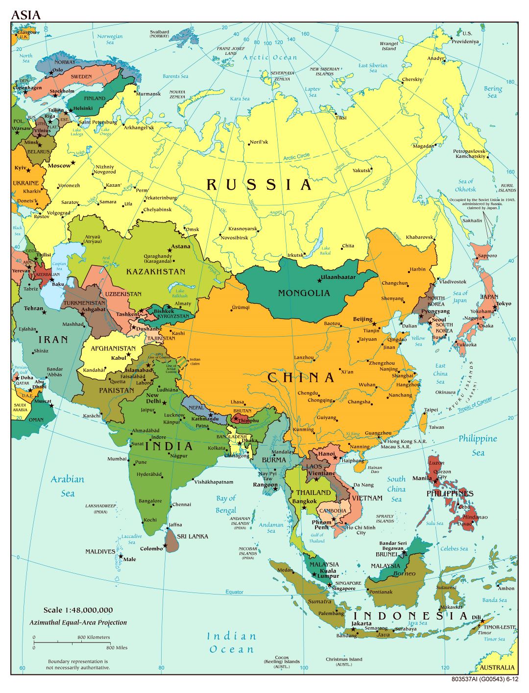 Mapa a gran escala política de Asia con las principales ciudades y capitales - 2012