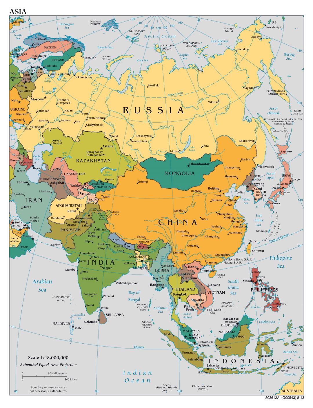 Mapa a gran escala política de Asia con las principales ciudades y capitales - 2013