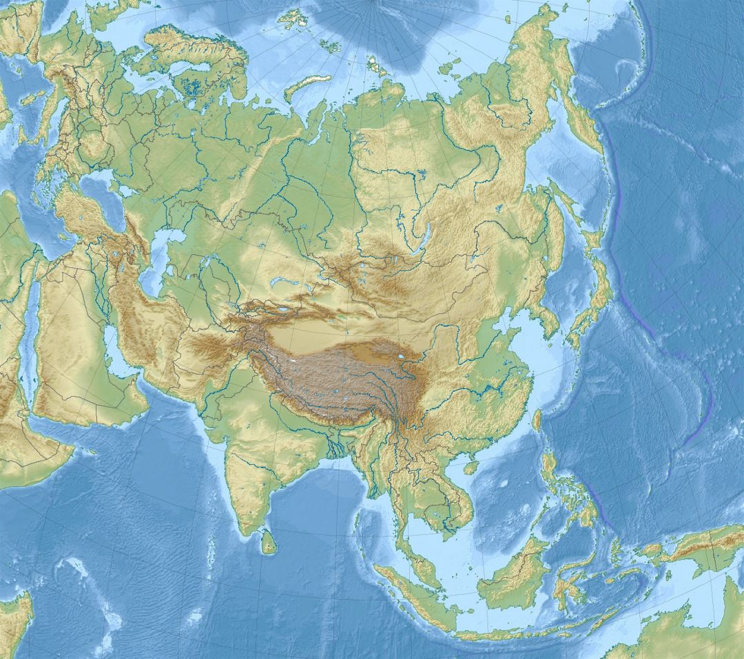 Mapa detallado relieve de Asia