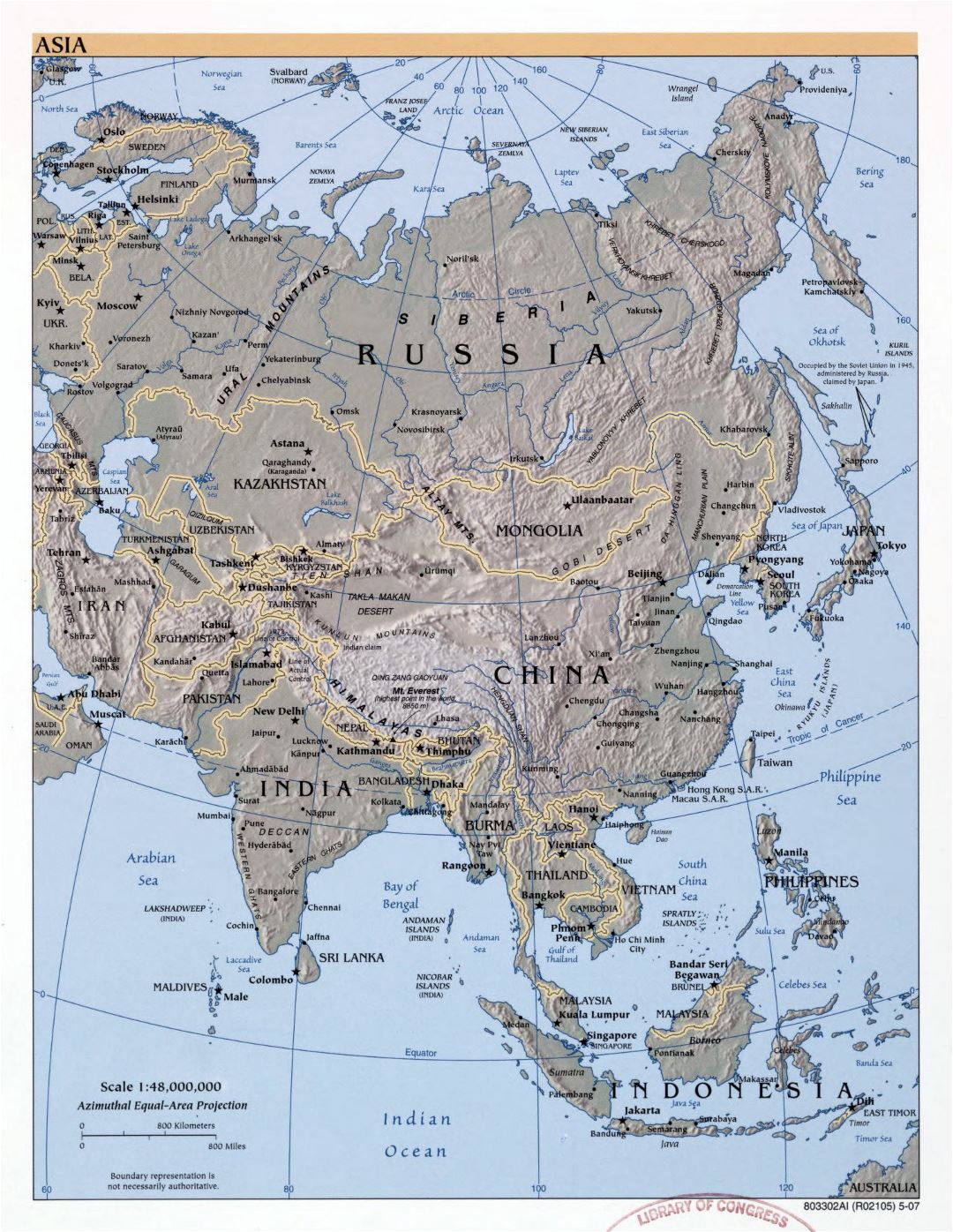 Mapa grande política detallada de Asia, con alivio, las principales ciudades y capitales - 2007
