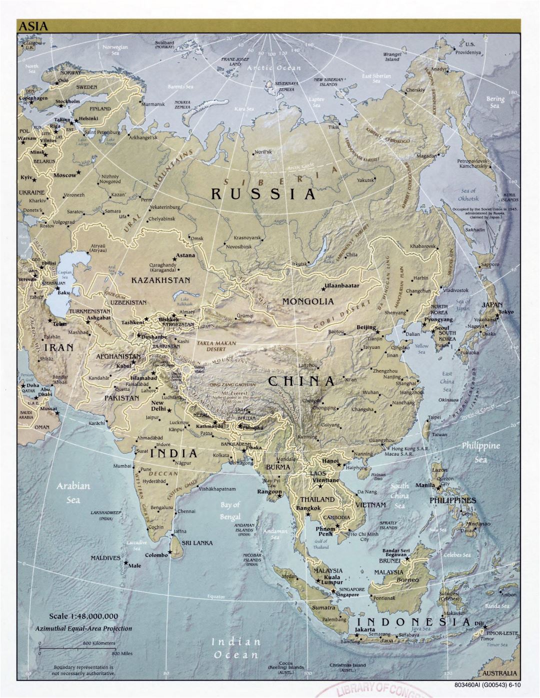 Mapa grande política detallada de Asia, con alivio, las principales ciudades y capitales - 2010