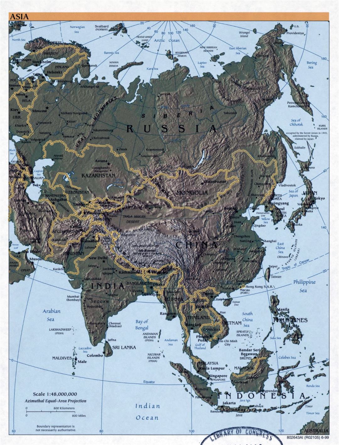 Mapa grande política detallada de Asia con alivio y capitales - 1999