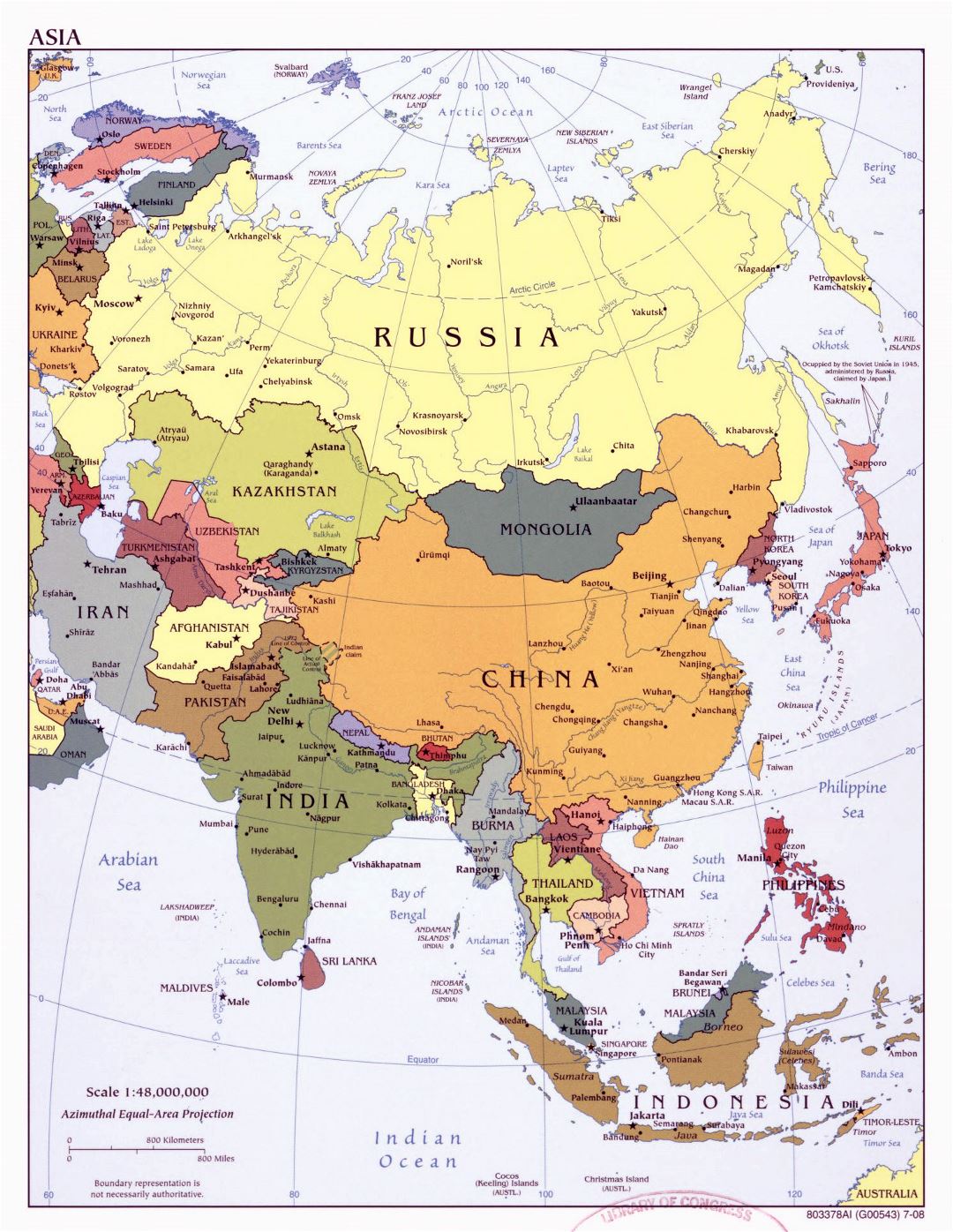 Mapa grande política detallada de Asia con las principales ciudades y capitales - 2008