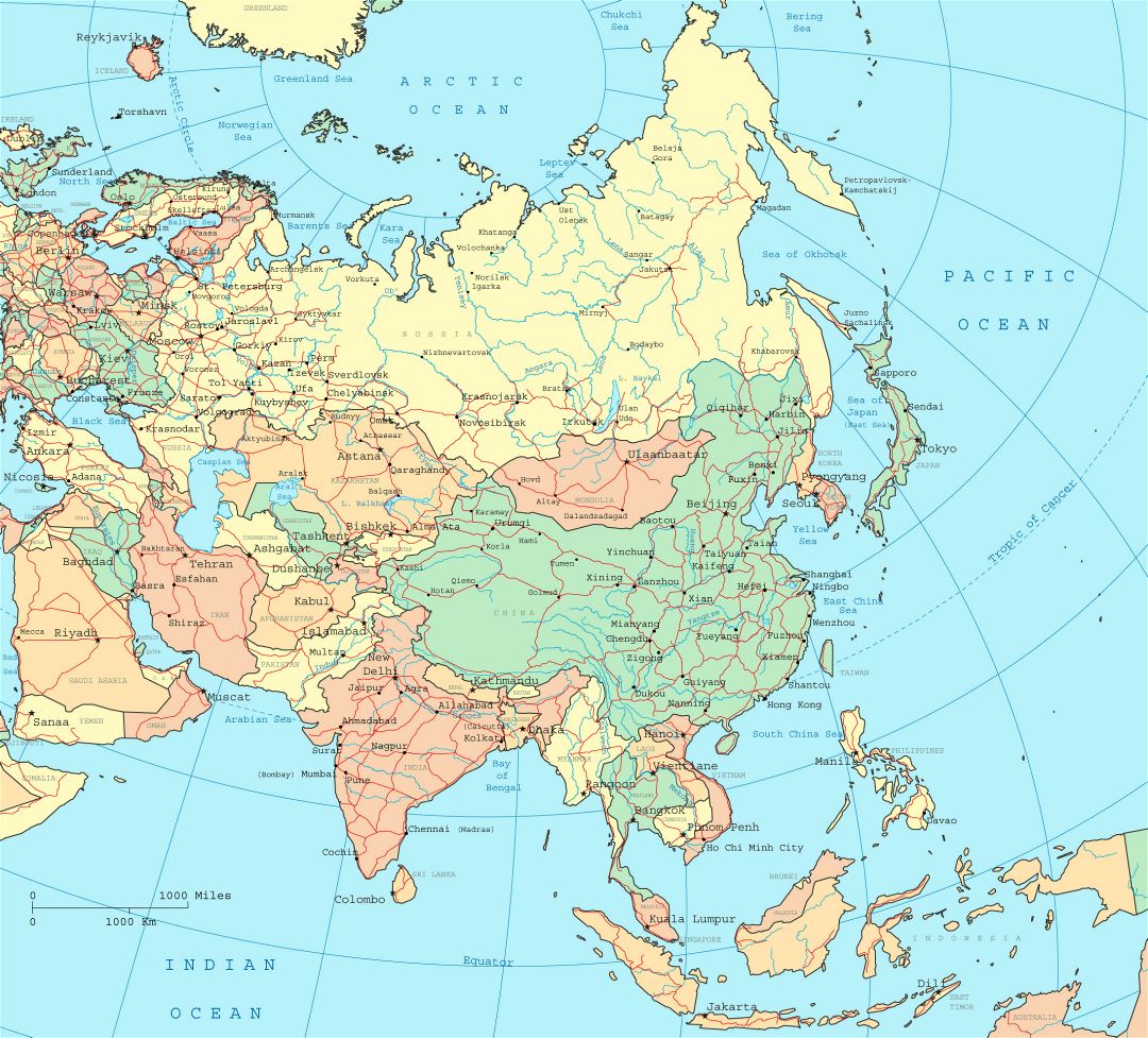 Mapa grande política detallada de Asia, con todas las capitales, las principales ciudades y carreteras principales