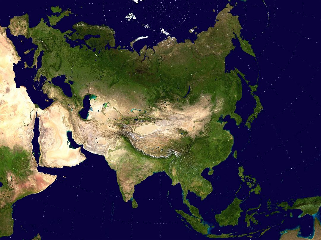 Mapa grande por satélite detallada de Asia