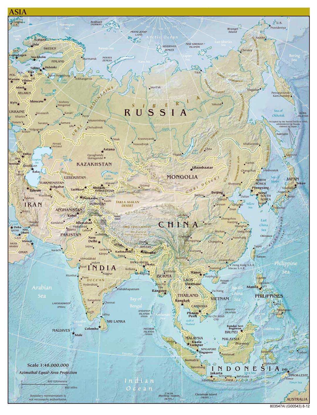 Mapa político a gran escala de Asia, con alivio y capitales - 2012