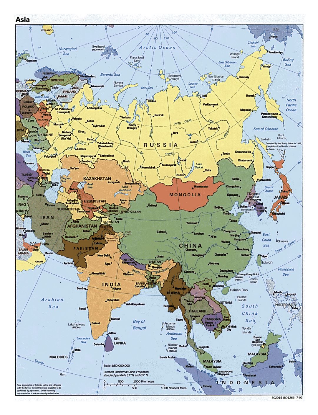 Mapa político detallada de Asia - 1992