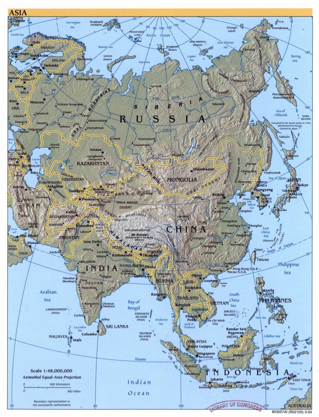 Mapa político detallada de Asia con alivio - 2004