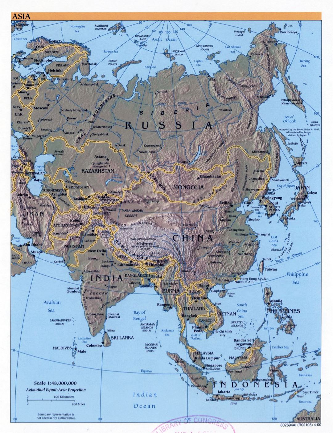 Mapa político detallada de Asia, con alivio, las principales ciudades y capitales - 2000