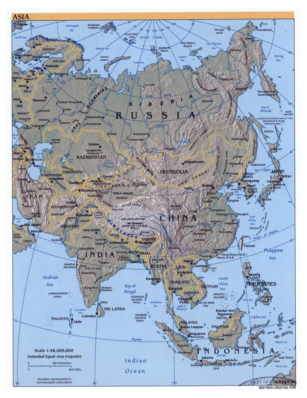 Mapa político detallada de Asia, con alivio, las principales ciudades y capitales - 2001